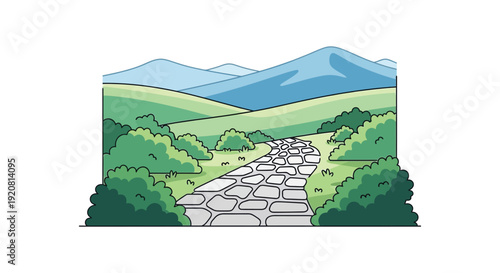A stylized landscape depicts a winding path leading towards distant mountains presented as a flat silhouette high quality professional detailed modern