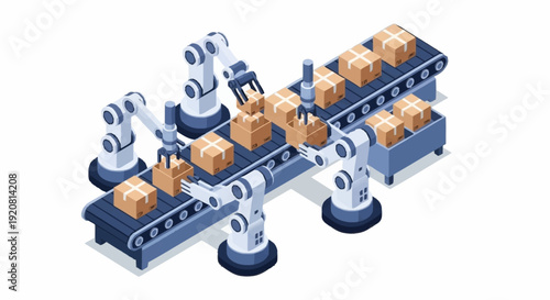 Industrial robotic arms handling cardboard boxes on conveyor belt.