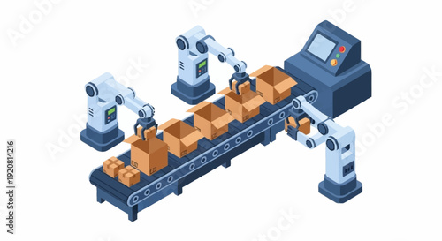 Industrial robotic arms packaging boxes on conveyor belt.