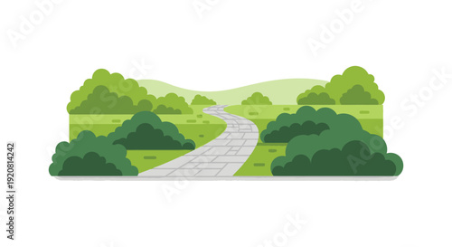 A winding pathway stretches through lush green hills and foliage creating a serene and inviting landscape silhouette high quality professional detailed