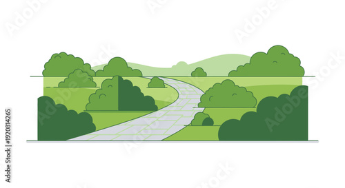 A winding path leads through lush green fields and rolling hills creating a serene landscape silhouette high quality professional detailed modern