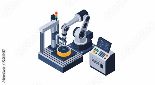 Industrial robotic arm assembly line with control panel.