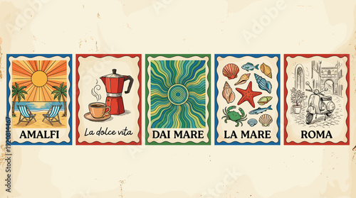 Vintage Italian travel poster set, Amalfi Roma seaside illustrations with espresso shells and Mediterranean retro design collection