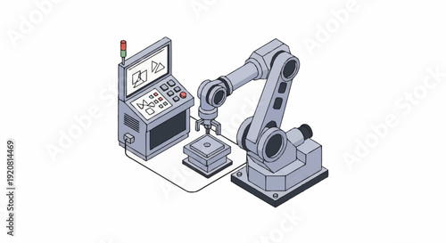Industrial robotic arm controlled by computer system.