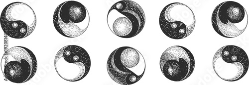 Yin yang symbol vintage engraving illustration set, black and white dotted texture balance harmony spiritual icon collection