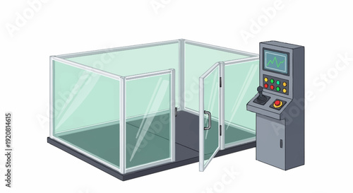 Modern automated changing room with digital control panel and glass enclosure.