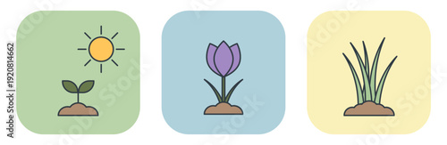 Nature icon set with a sprout under the sun, a flower, and grass. Vector illustrations for spring design