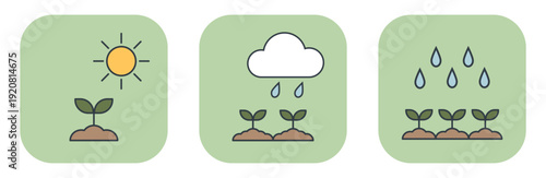 Agricultural icon set with sprouts under sun, rain cloud, and raindrops. Vector illustrations for spring design