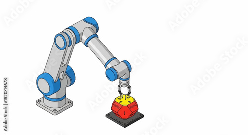 Industrial robotic arm holding a red object on a black platform.