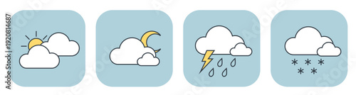 Weather forecast icon set with cloudy sun, night moon, storm, and snow. Hand drawn vector illustrations