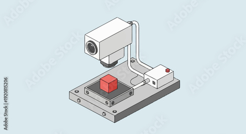 Industrial machine vision system inspecting a red cube on a conveyor belt.