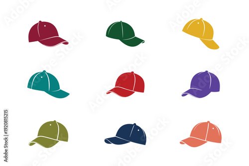 Set of colorful baseball cap silhouette icons, Minimal flat design, Isolated on white background. Sports hat vector collection
