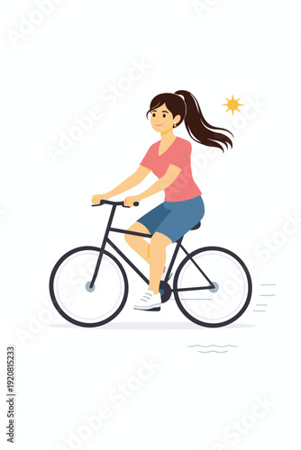 Happy young girl riding bicycle outdoor summer lifestyle colorful vector illustration
