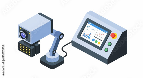 Machine vision inspection system with robotic arm and control panel.