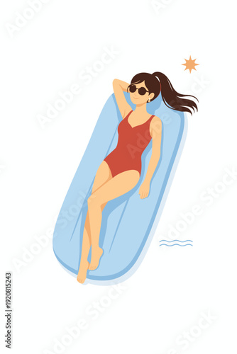 Young woman relaxing on inflatable mattress in summer sun lifestyle illustration