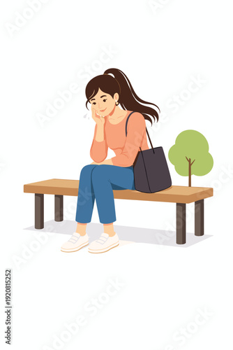 Tired young woman sitting on park bench exhausted modern girl life stress concept colorful vector illustration