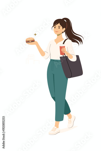 Young woman walking in city holding burger and coffee cup modern daily life girl vector illustration