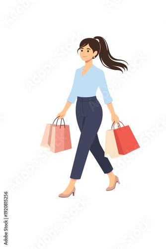 Young woman walking with shopping bags lifestyle of modern girl colorful vector illustration