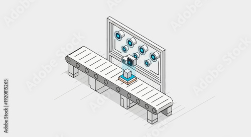Isometric illustration of a conveyor belt system with robotic arm and control panel.