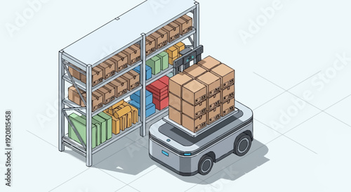 Automated Warehouse Robot Transporting Cardboard Boxes.
