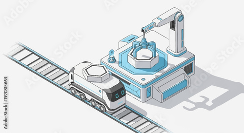 Isometric illustration of a train at a futuristic robotic refueling station.