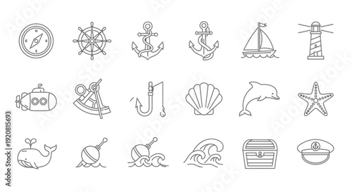 Collection of Simple Line Icons Representing Nautical and Marine Elements.