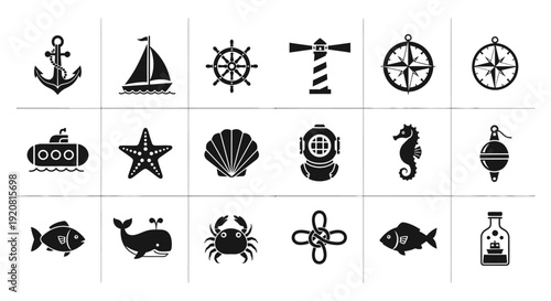 Collection of black nautical icons on a grid.