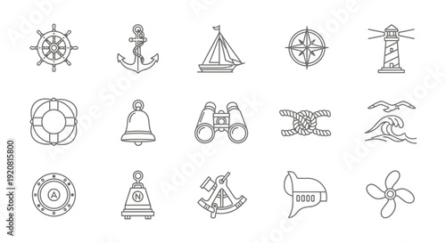 Collection of nautical symbols and icons for maritime navigation and adventure.