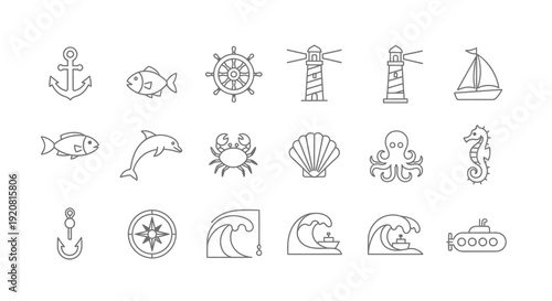 Collection of simple line icons representing various ocean elements and symbols.