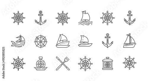 Set of nautical symbols and icons in simple line art style.