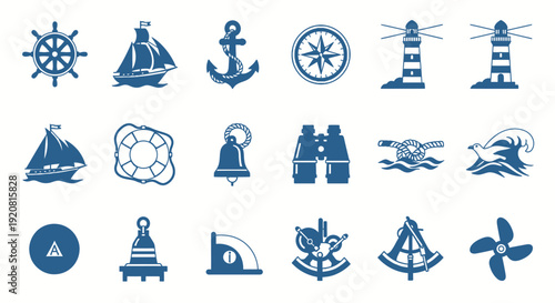 Collection of blue nautical icons on white background.