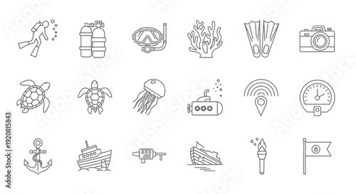Collection of Simple Line Icons Representing Travel and Leisure Activities.