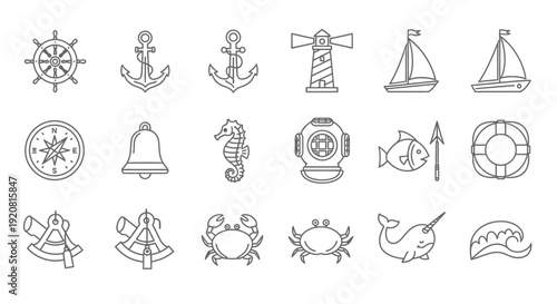 Nautical icons set with maritime symbols and sea creatures.