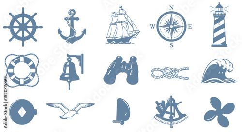Collection of blue nautical icons including maritime symbols and elements.