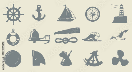 Nautical symbols and icons collection for marine navigation and adventure.
