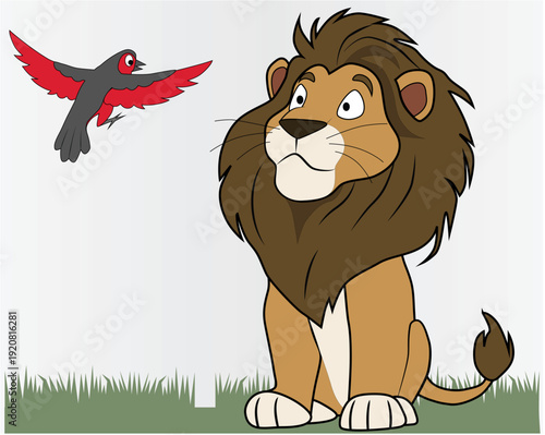 A funny lion is sitting and talking to a funny bird