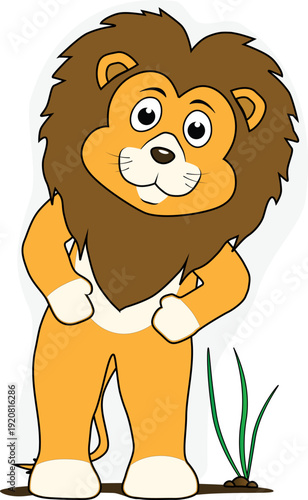 A funny little lion is posing standing and smiling
