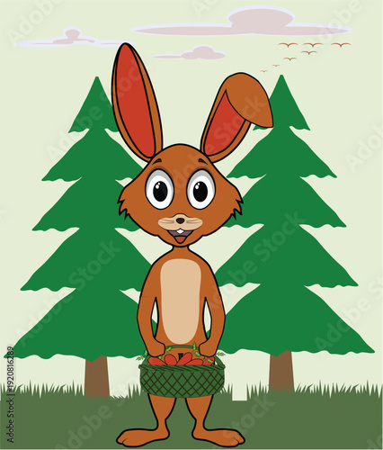 A funny rabbit is carrying a basket of carrots in the pine forest