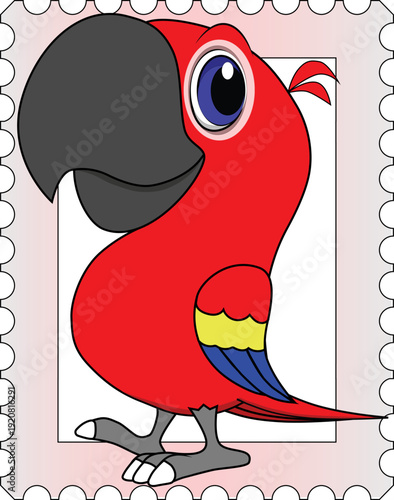 A funny parrot is walking and a postage stamp frame