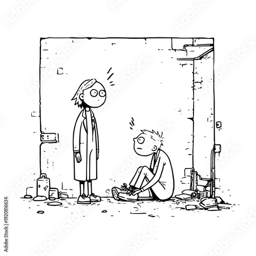 Worried Woman Looking at Sad Homeless Man in Alleyway