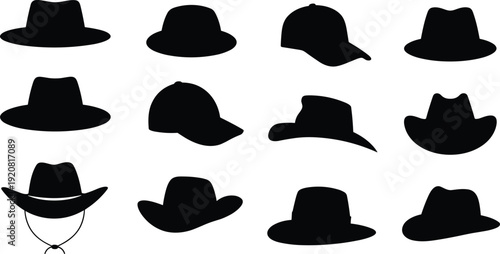 "Collection of twelve black hat silhouettes in grid layout, featuring diverse styles including fedoras, cowboy hats, baseball caps, and wide-brimmed fashion designs"