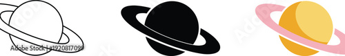 "Set of three stylized planet with rings illustrations resembling Saturn, featuring minimalist black, outlined, and colorful gradient designs for astronomy, space, science, and creative concepts"