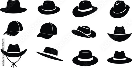 "Set of twelve black hat silhouette illustrations arranged in grid layout, showcasing diverse styles including fedoras, cowboy hats, baseball caps, and wide-brimmed fashion designs"