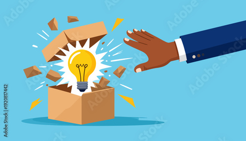 Light Bulb Idea Emerging from Box with Hand Reaching