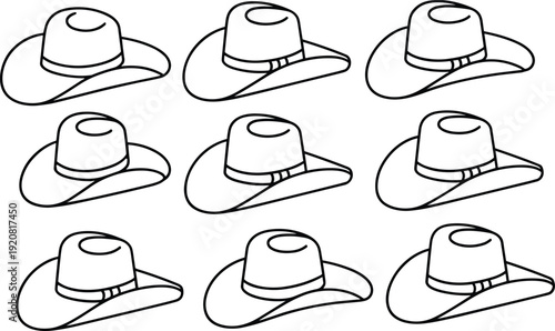 "Collection of nine cowboy hat line art illustrations in black and white grid, showcasing western fashion accessories with wide brims, creased crowns, and decorative bands"