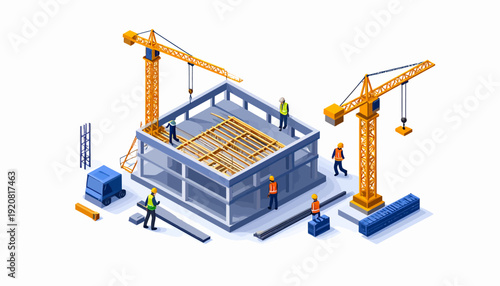 Construction Site Isometric Illustration with Workers