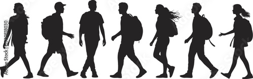 Silhouettes of students and travelers walking with backpacks, diverse group commuting or hiking illustration, outdoor lifestyle, education journey, teamwork, leisure activity, modern travel concept
