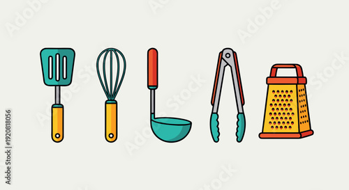 Flat design set of colorful kitchen utensils including spatula whisk ladle tongs and grater isolated on light background for culinary concepts