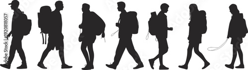 Silhouettes of hikers walking with backpacks and outdoor gear, group trekking adventure illustration, people enjoying nature hike, leisure activity, camping lifestyle, fitness journey