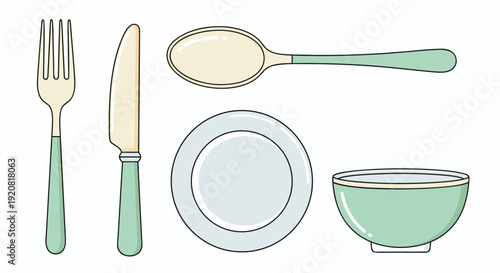Top view of pastel kitchenware icons featuring mint green fork and knife with cream spoon and ceramic plate isolated on white background
